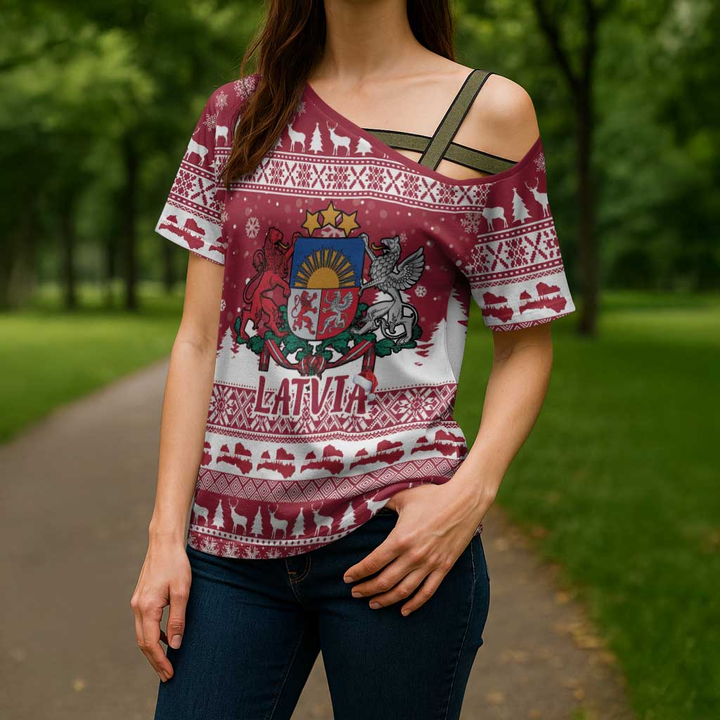 Latvia Christmas Cross Shoulder Shirt Priecigus Ziemassvetkus - Wonder Print Shop