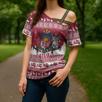 Latvia Christmas Cross Shoulder Shirt Priecigus Ziemassvetkus - Wonder Print Shop
