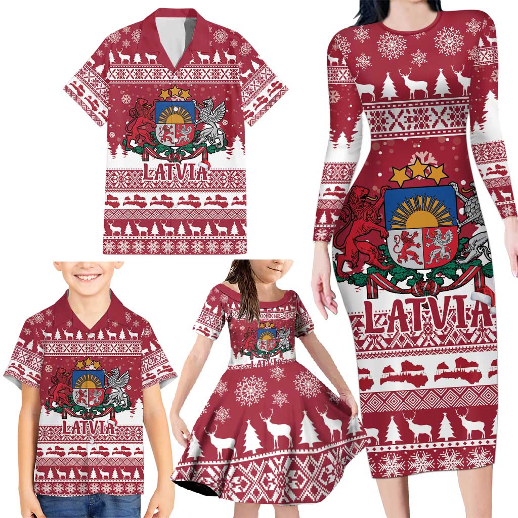 Latvia Christmas Family Matching Long Sleeve Bodycon Dress and Hawaiian Shirt Priecigus Ziemassvetkus - Wonder Print Shop