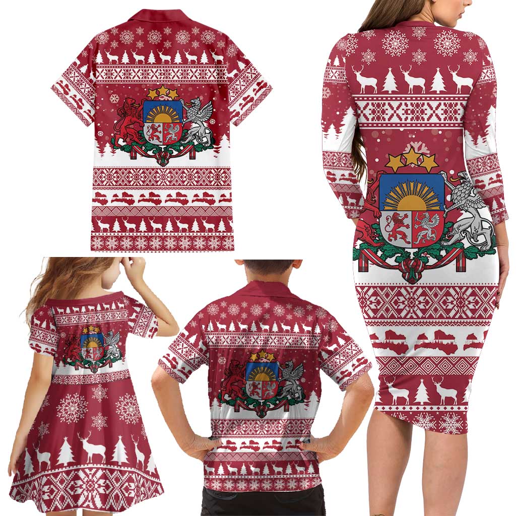 Latvia Christmas Family Matching Long Sleeve Bodycon Dress and Hawaiian Shirt Priecigus Ziemassvetkus - Wonder Print Shop