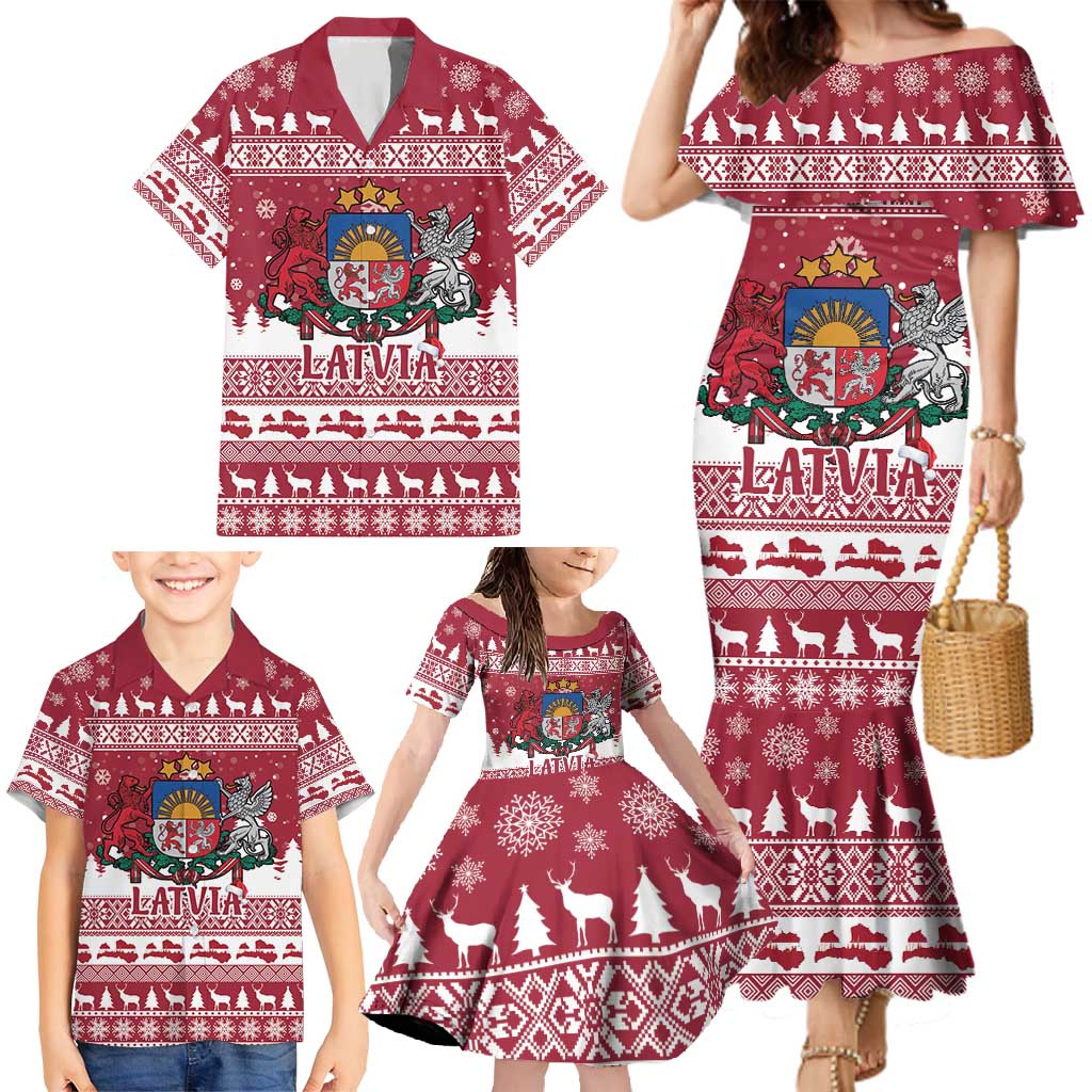 Latvia Christmas Family Matching Mermaid Dress and Hawaiian Shirt Priecigus Ziemassvetkus - Wonder Print Shop