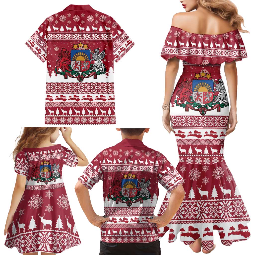 Latvia Christmas Family Matching Mermaid Dress and Hawaiian Shirt Priecigus Ziemassvetkus - Wonder Print Shop