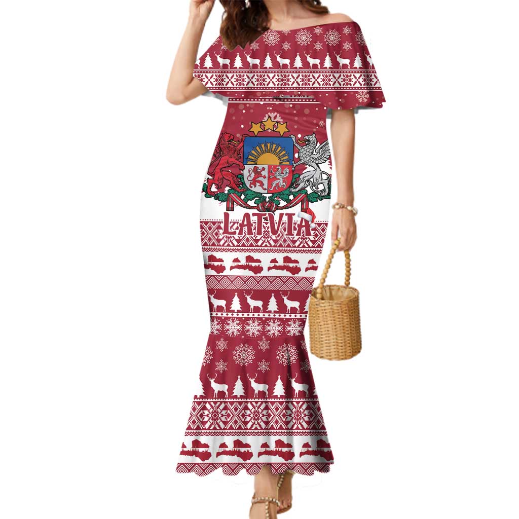 Latvia Christmas Family Matching Mermaid Dress and Hawaiian Shirt Priecigus Ziemassvetkus - Wonder Print Shop