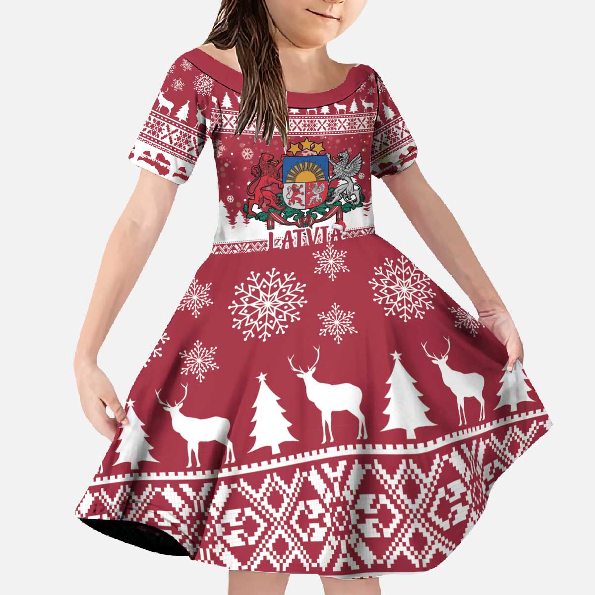 Latvia Christmas Family Matching Off The Shoulder Long Sleeve Dress and Hawaiian Shirt Priecigus Ziemassvetkus - Wonder Print Shop