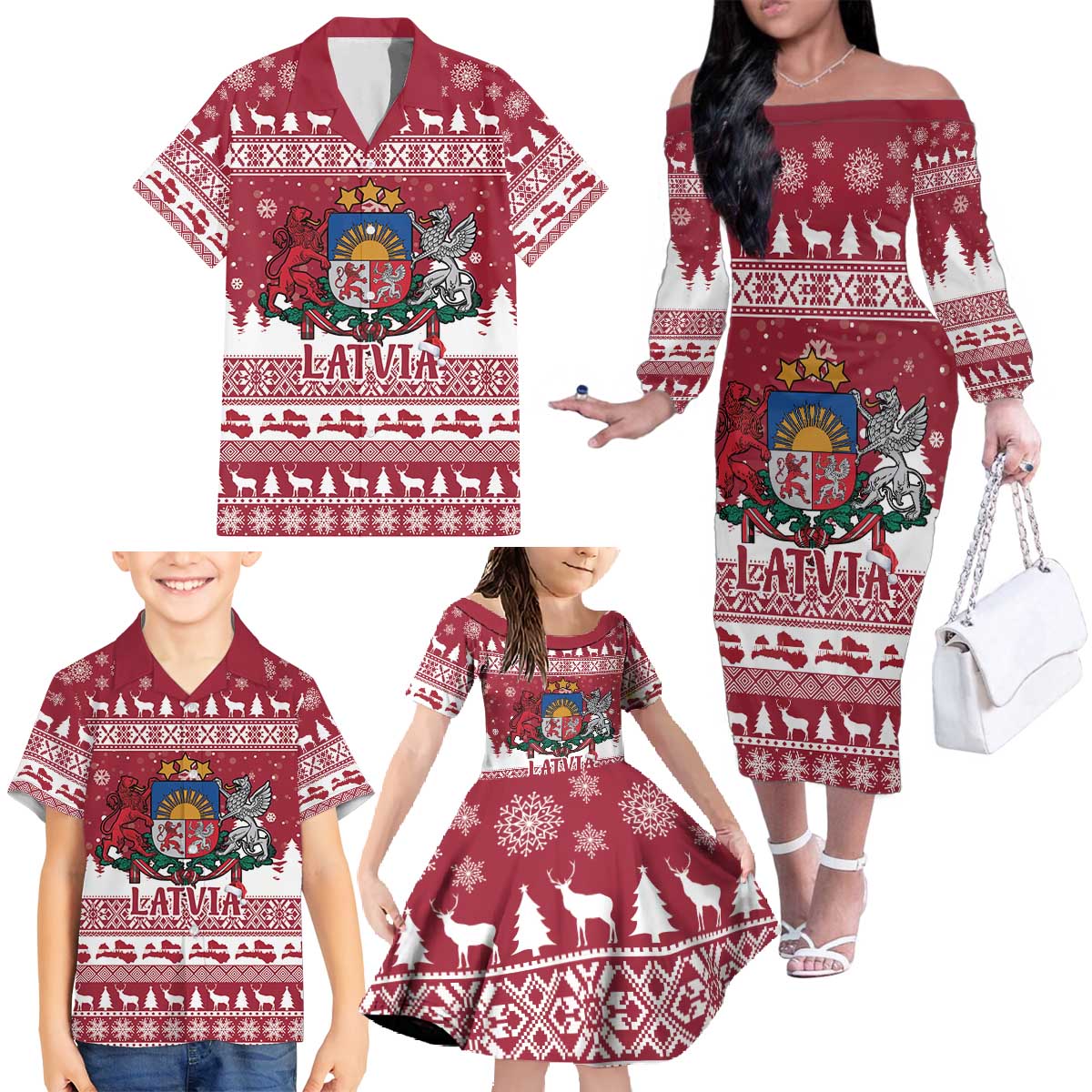 Latvia Christmas Family Matching Off The Shoulder Long Sleeve Dress and Hawaiian Shirt Priecigus Ziemassvetkus - Wonder Print Shop