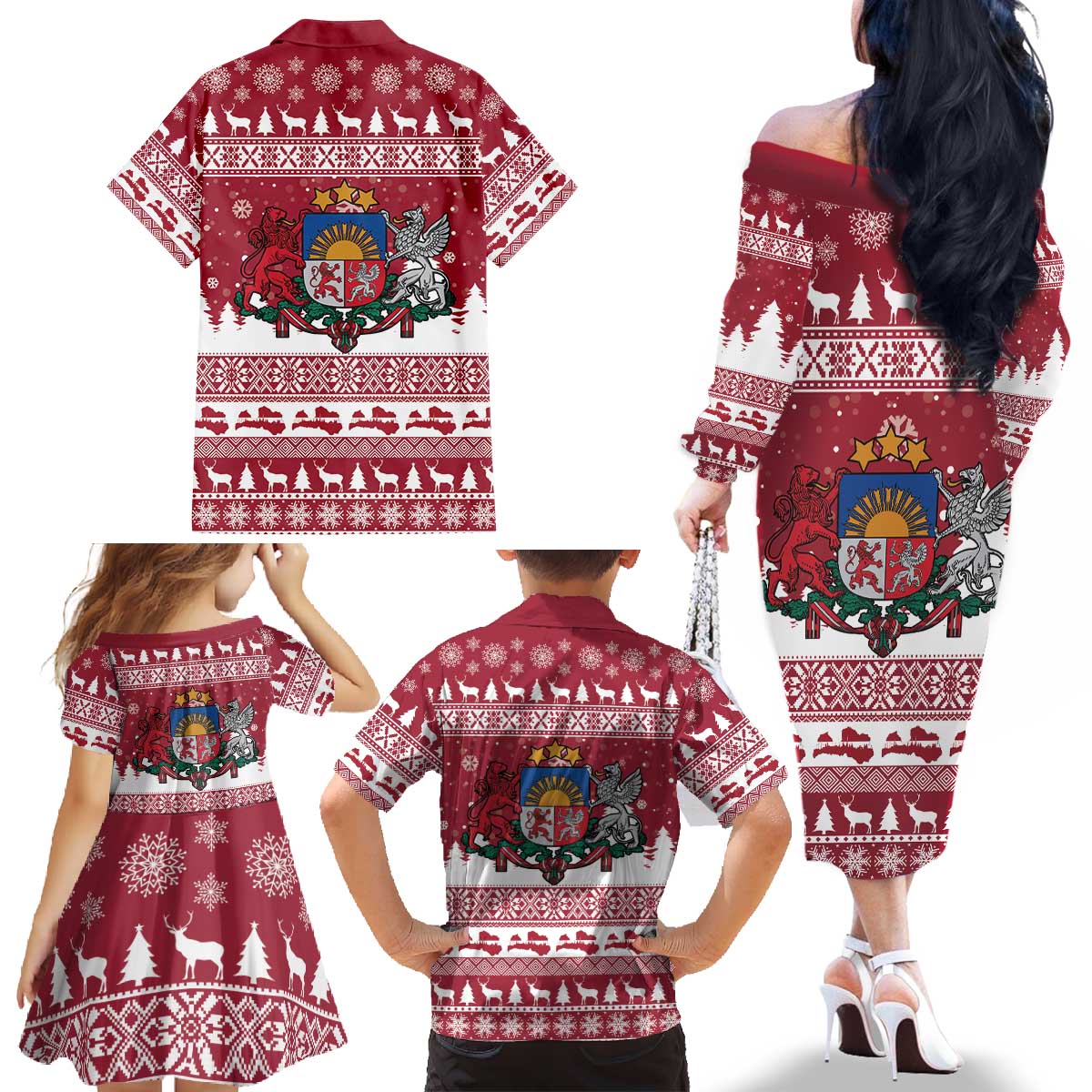 Latvia Christmas Family Matching Off The Shoulder Long Sleeve Dress and Hawaiian Shirt Priecigus Ziemassvetkus - Wonder Print Shop