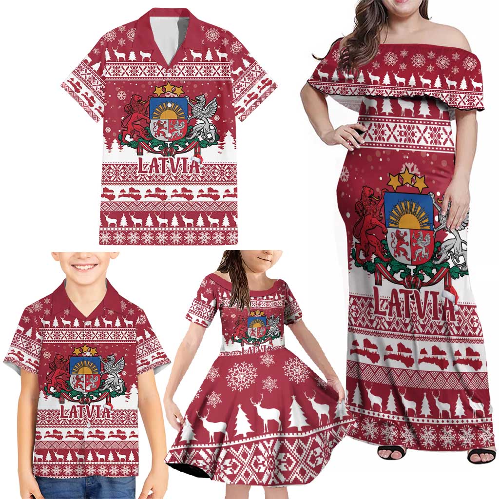 Latvia Christmas Family Matching Off Shoulder Maxi Dress and Hawaiian Shirt Priecigus Ziemassvetkus - Wonder Print Shop