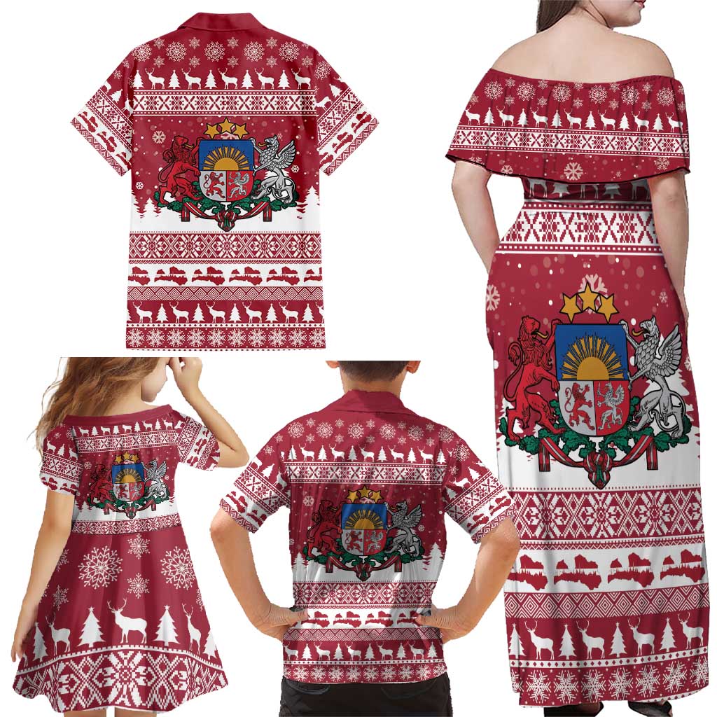 Latvia Christmas Family Matching Off Shoulder Maxi Dress and Hawaiian Shirt Priecigus Ziemassvetkus - Wonder Print Shop