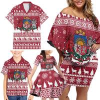 Latvia Christmas Family Matching Off Shoulder Short Dress and Hawaiian Shirt Priecigus Ziemassvetkus - Wonder Print Shop