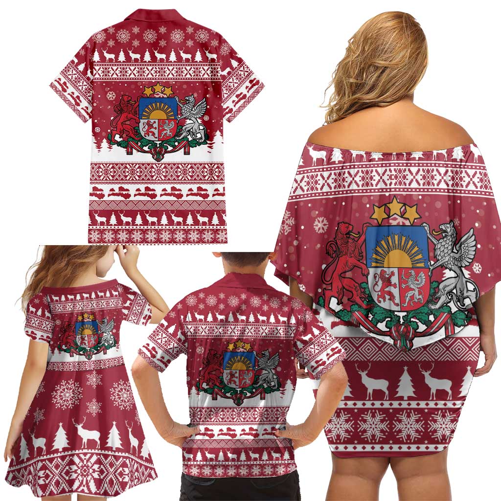 Latvia Christmas Family Matching Off Shoulder Short Dress and Hawaiian Shirt Priecigus Ziemassvetkus - Wonder Print Shop