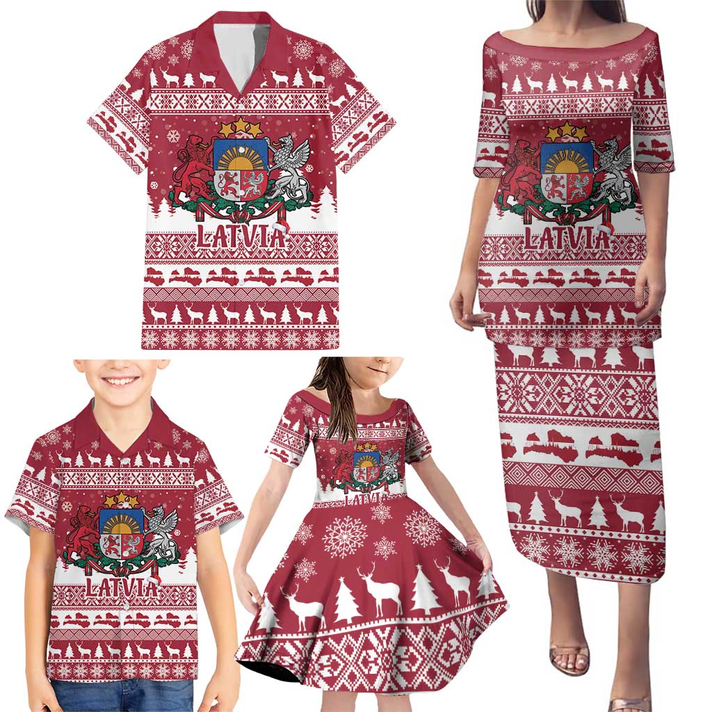 Latvia Christmas Family Matching Puletasi and Hawaiian Shirt Priecigus Ziemassvetkus - Wonder Print Shop