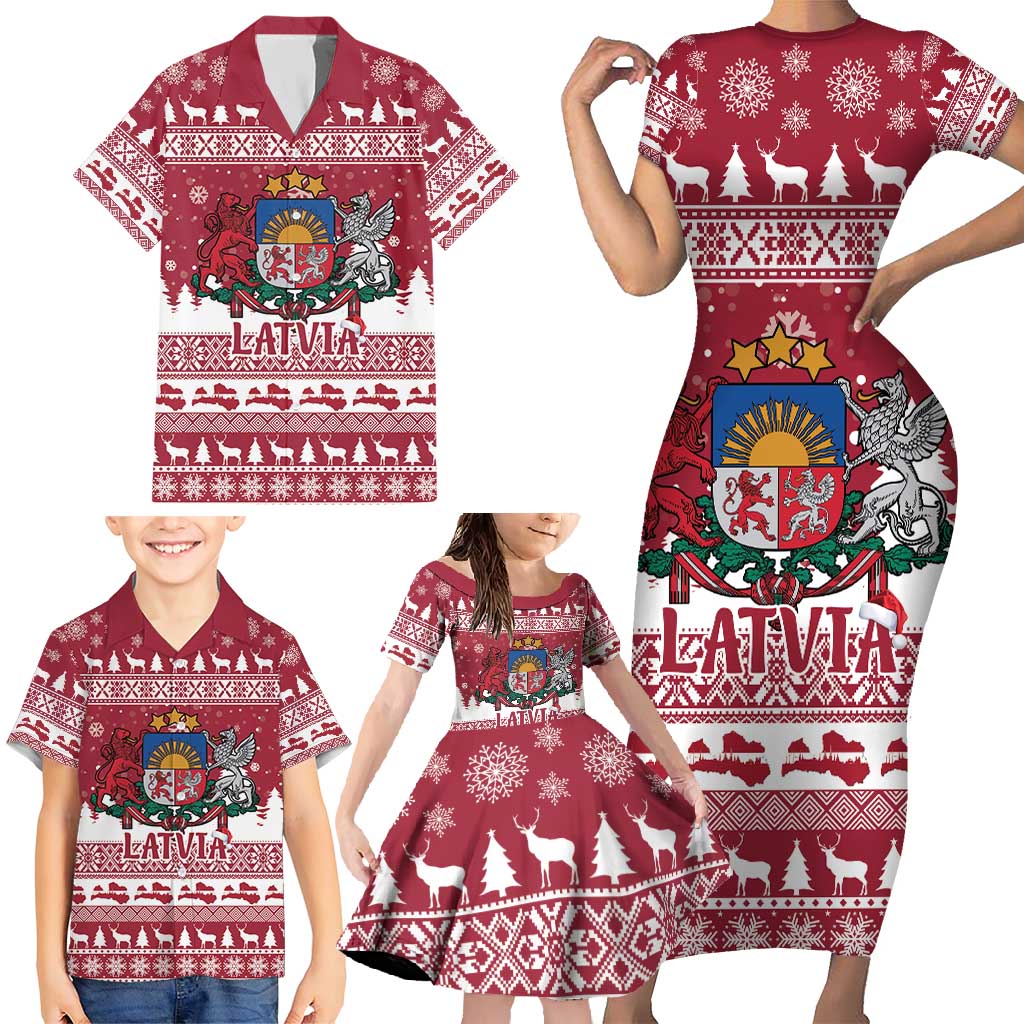Latvia Christmas Family Matching Short Sleeve Bodycon Dress and Hawaiian Shirt Priecigus Ziemassvetkus - Wonder Print Shop