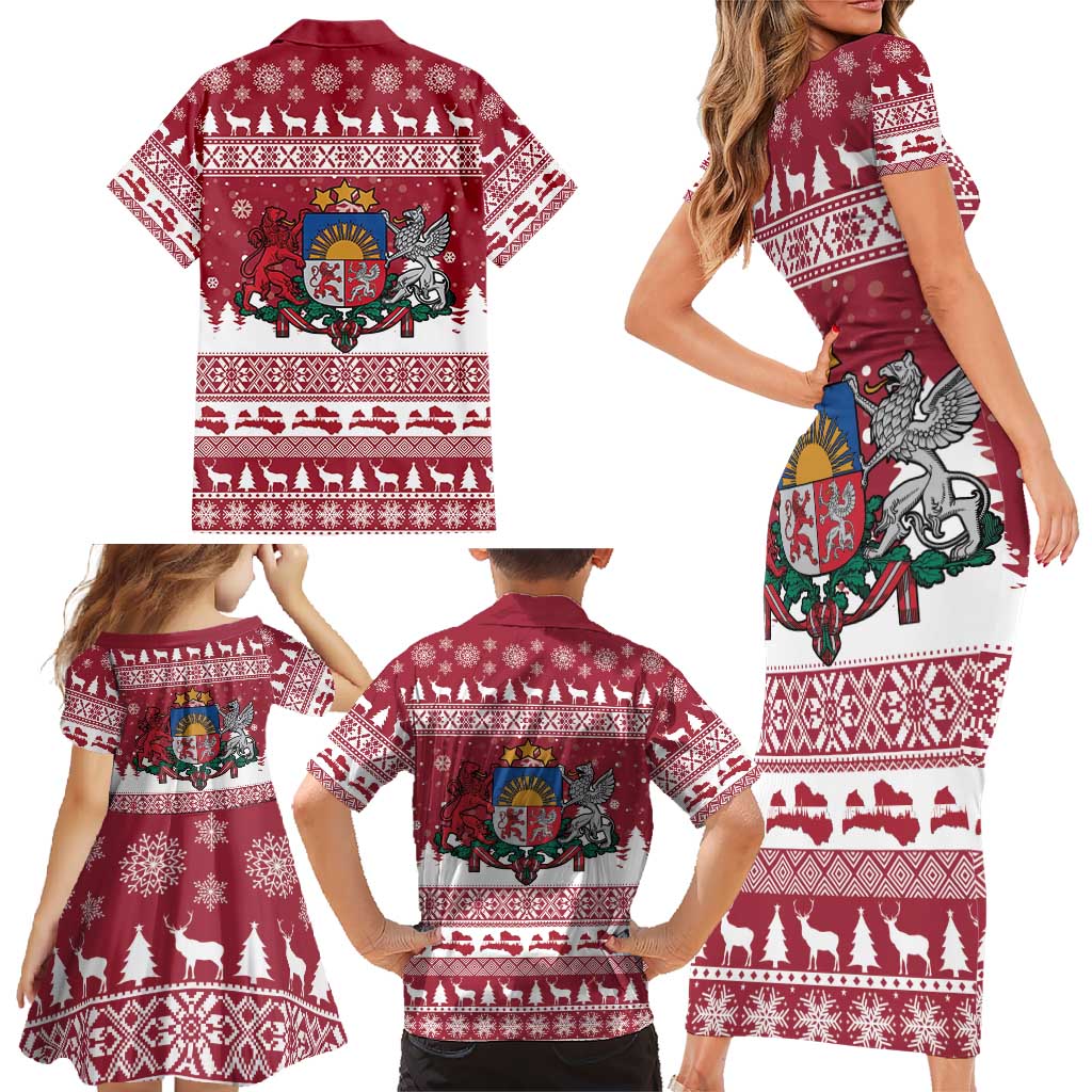 Latvia Christmas Family Matching Short Sleeve Bodycon Dress and Hawaiian Shirt Priecigus Ziemassvetkus - Wonder Print Shop
