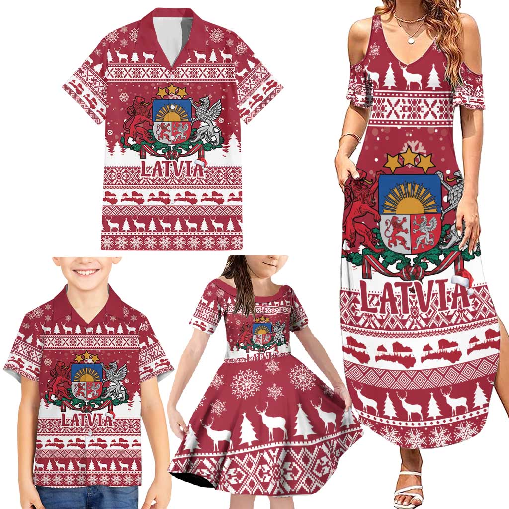 Latvia Christmas Family Matching Summer Maxi Dress and Hawaiian Shirt Priecigus Ziemassvetkus - Wonder Print Shop