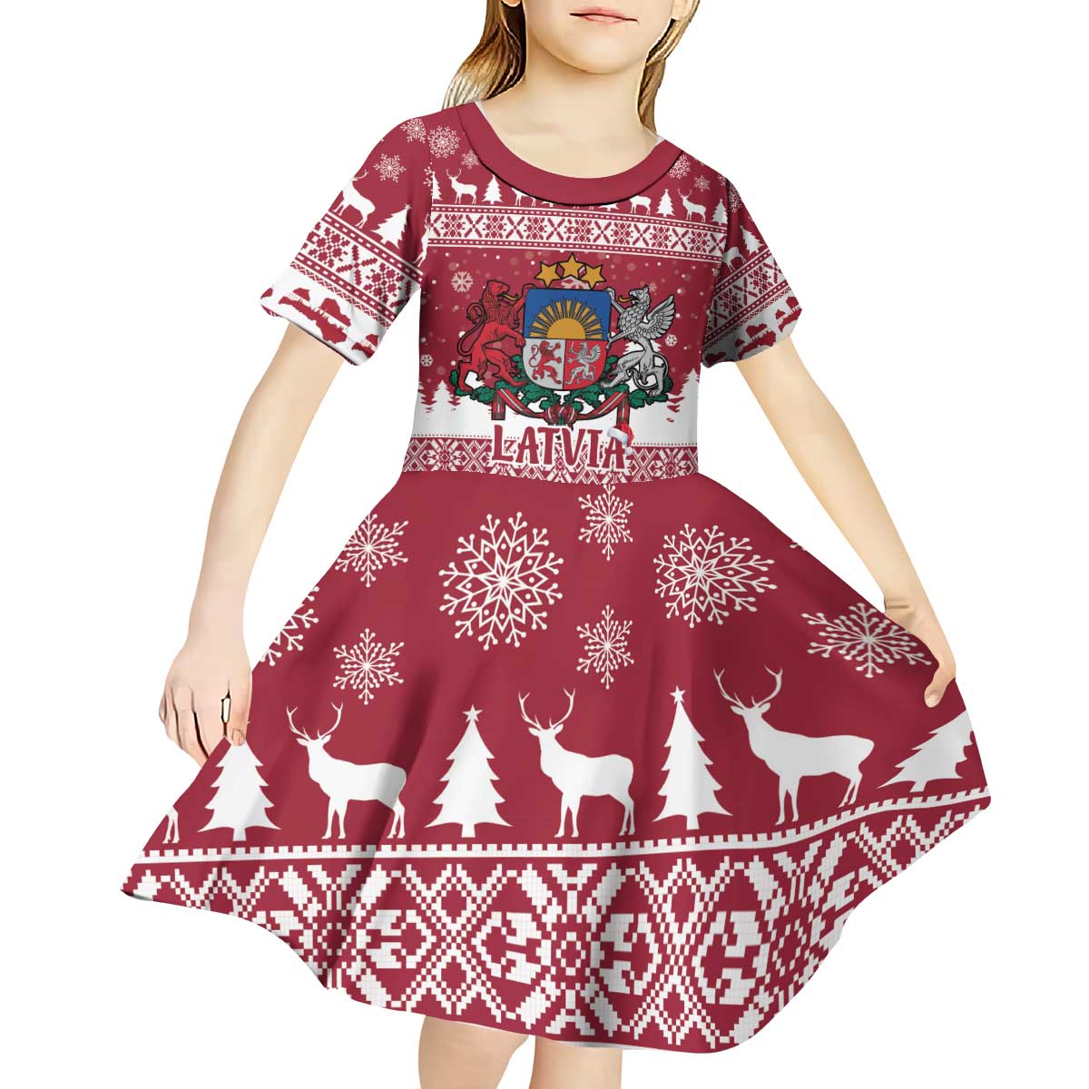 Latvia Christmas Kid Short Sleeve Dress Priecigus Ziemassvetkus - Wonder Print Shop