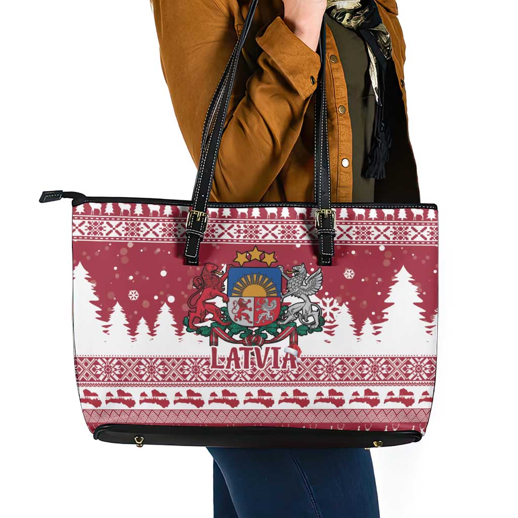 Latvia Christmas Leather Tote Bag Priecigus Ziemassvetkus - Wonder Print Shop