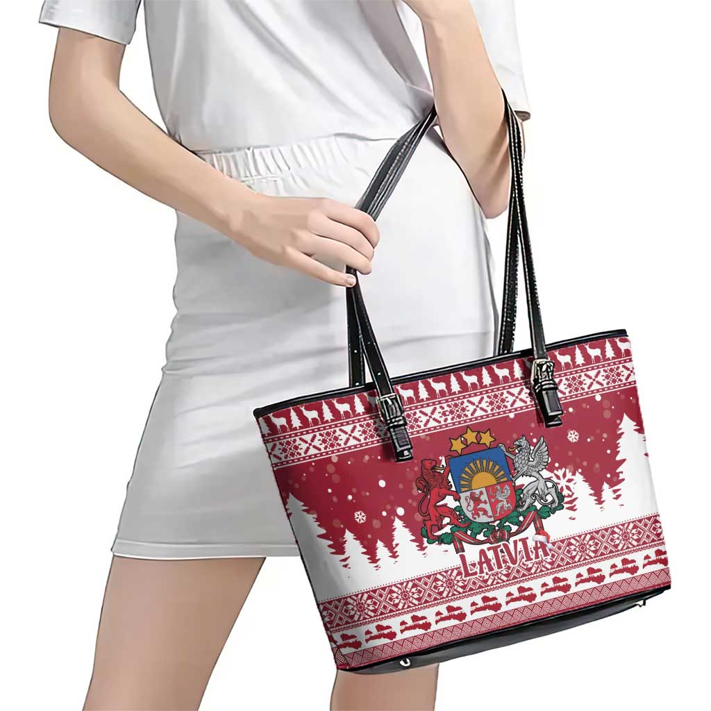 Latvia Christmas Leather Tote Bag Priecigus Ziemassvetkus - Wonder Print Shop