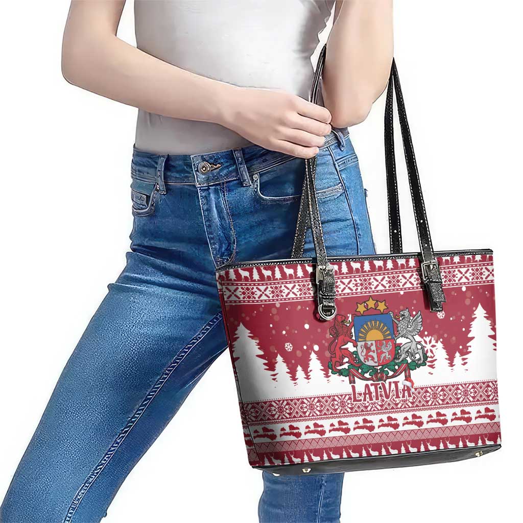 Latvia Christmas Leather Tote Bag Priecigus Ziemassvetkus - Wonder Print Shop