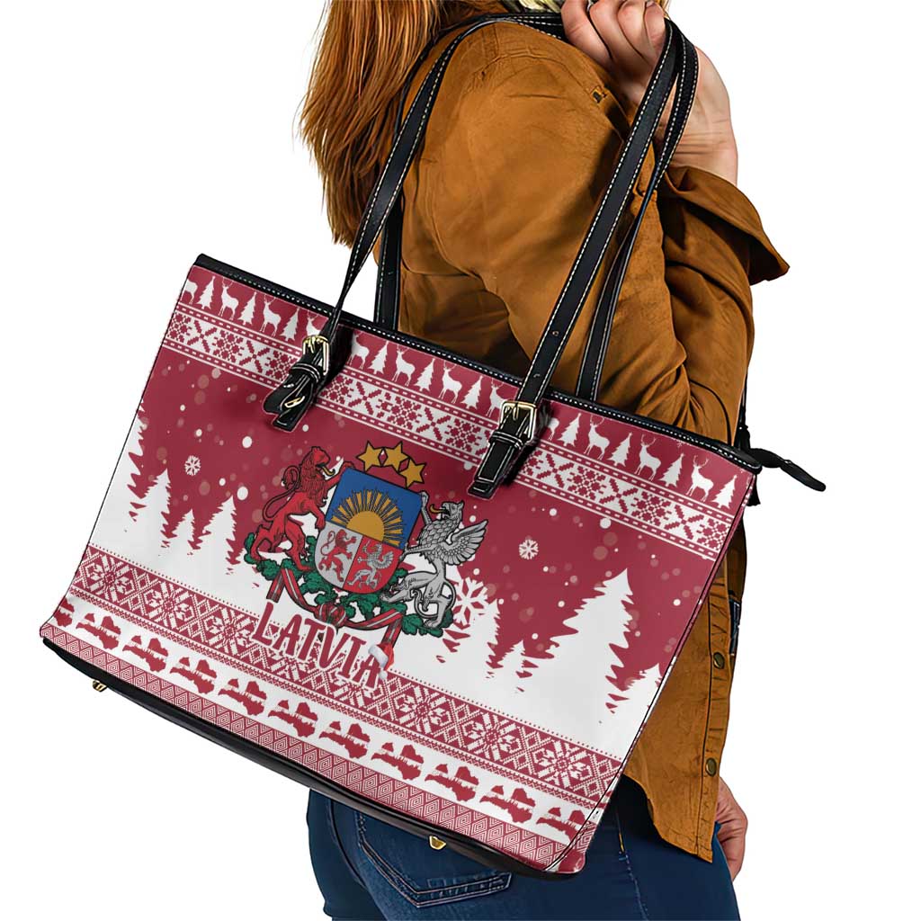 Latvia Christmas Leather Tote Bag Priecigus Ziemassvetkus - Wonder Print Shop