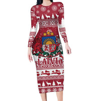 Latvia Christmas Long Sleeve Bodycon Dress Priecigus Ziemassvetkus - Wonder Print Shop