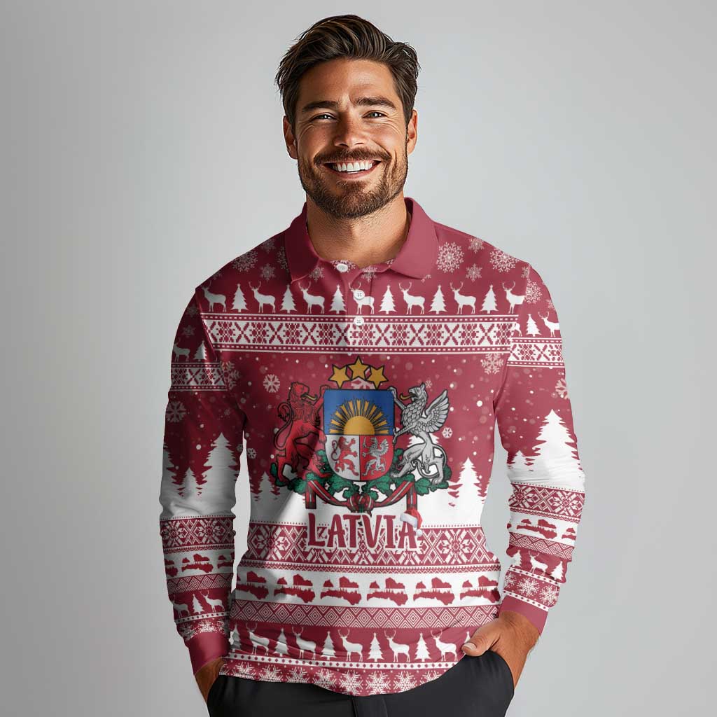Latvia Christmas Long Sleeve Polo Shirt Priecigus Ziemassvetkus - Wonder Print Shop