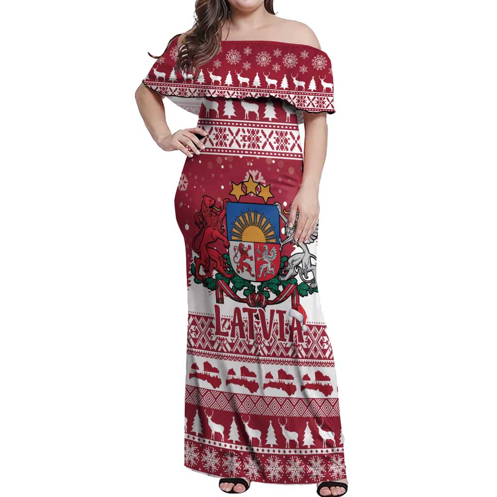 Latvia Christmas Off Shoulder Maxi Dress Priecigus Ziemassvetkus - Wonder Print Shop