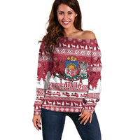 Latvia Christmas Off Shoulder Sweater Priecigus Ziemassvetkus - Wonder Print Shop