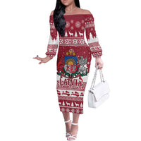 Latvia Christmas Off The Shoulder Long Sleeve Dress Priecigus Ziemassvetkus - Wonder Print Shop