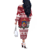 Latvia Christmas Off The Shoulder Long Sleeve Dress Priecigus Ziemassvetkus - Wonder Print Shop