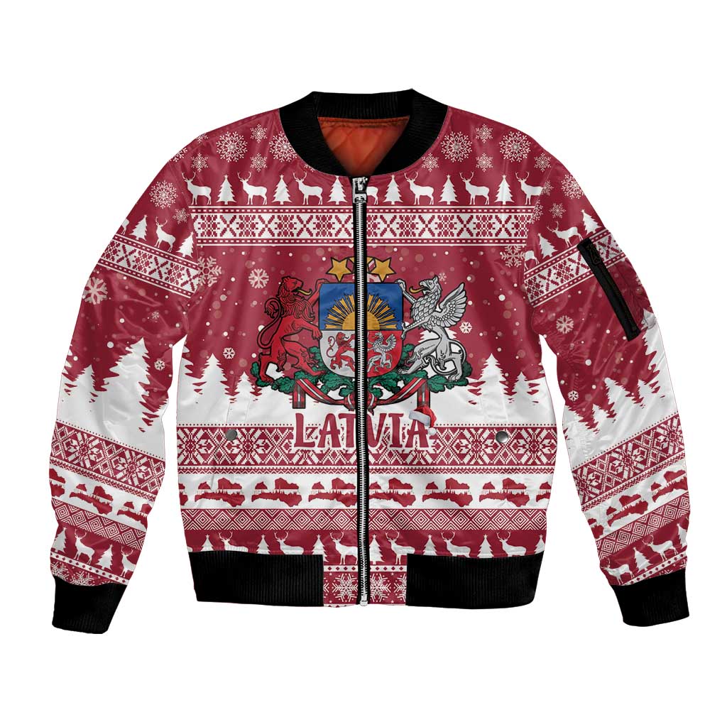 Latvia Christmas Sleeve Zip Bomber Jacket Priecigus Ziemassvetkus - Wonder Print Shop