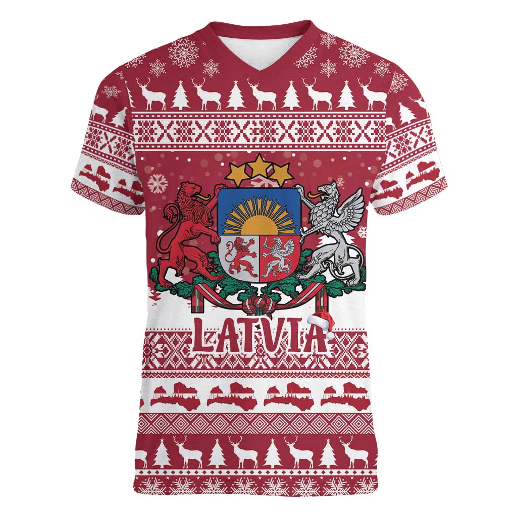Latvia Christmas Women V-Neck T-Shirt Priecigus Ziemassvetkus - Wonder Print Shop