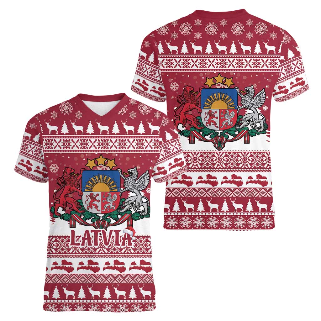 Latvia Christmas Women V-Neck T-Shirt Priecigus Ziemassvetkus - Wonder Print Shop