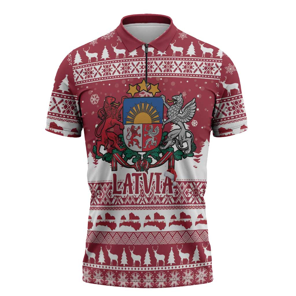 Latvia Christmas Zipper Polo Shirt Priecigus Ziemassvetkus - Wonder Print Shop