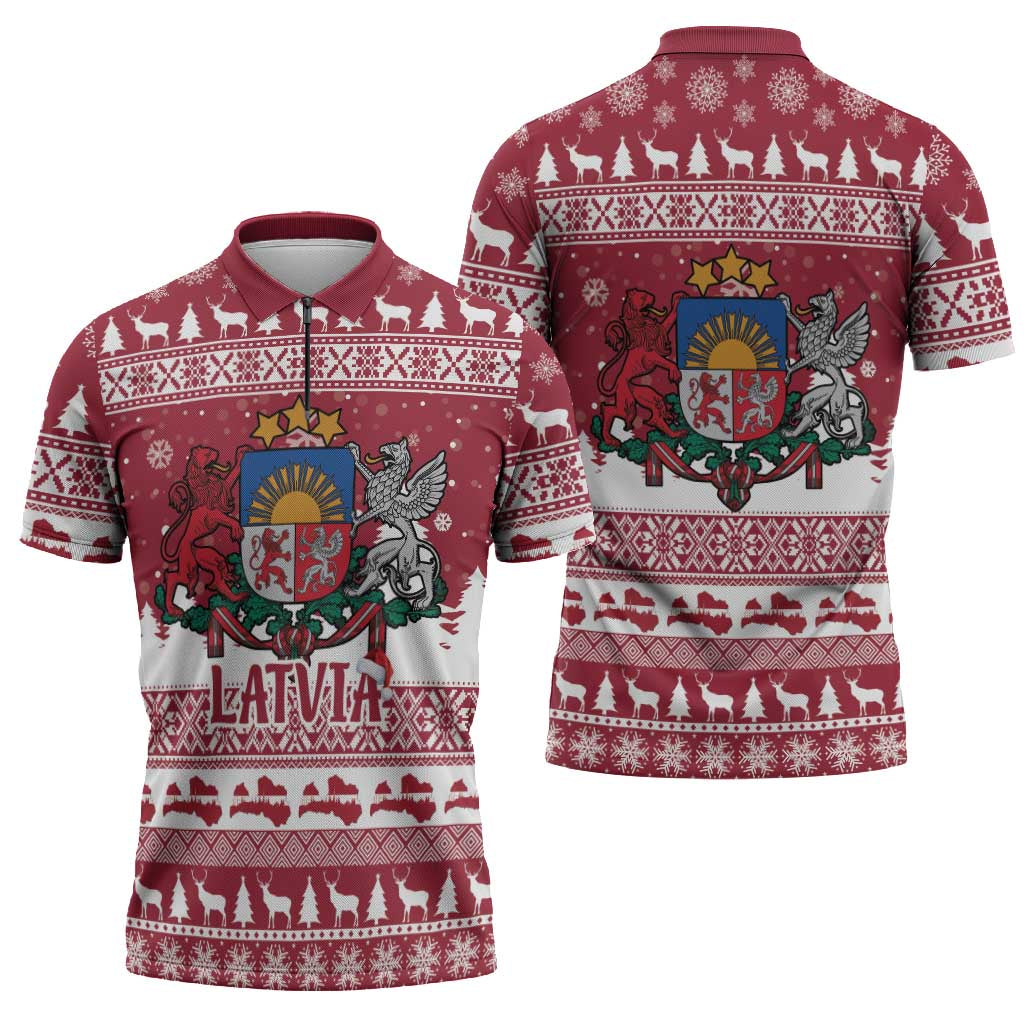Latvia Christmas Zipper Polo Shirt Priecigus Ziemassvetkus - Wonder Print Shop