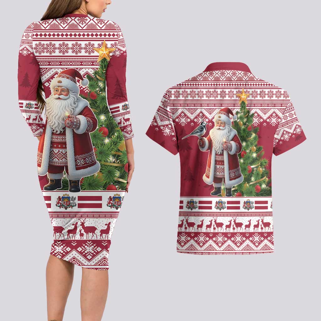 Latvia Christmas Couples Matching Long Sleeve Bodycon Dress and Hawaiian Shirt Ziemassvetku Vecitis Christmas Pattern - Wonder Print Shop