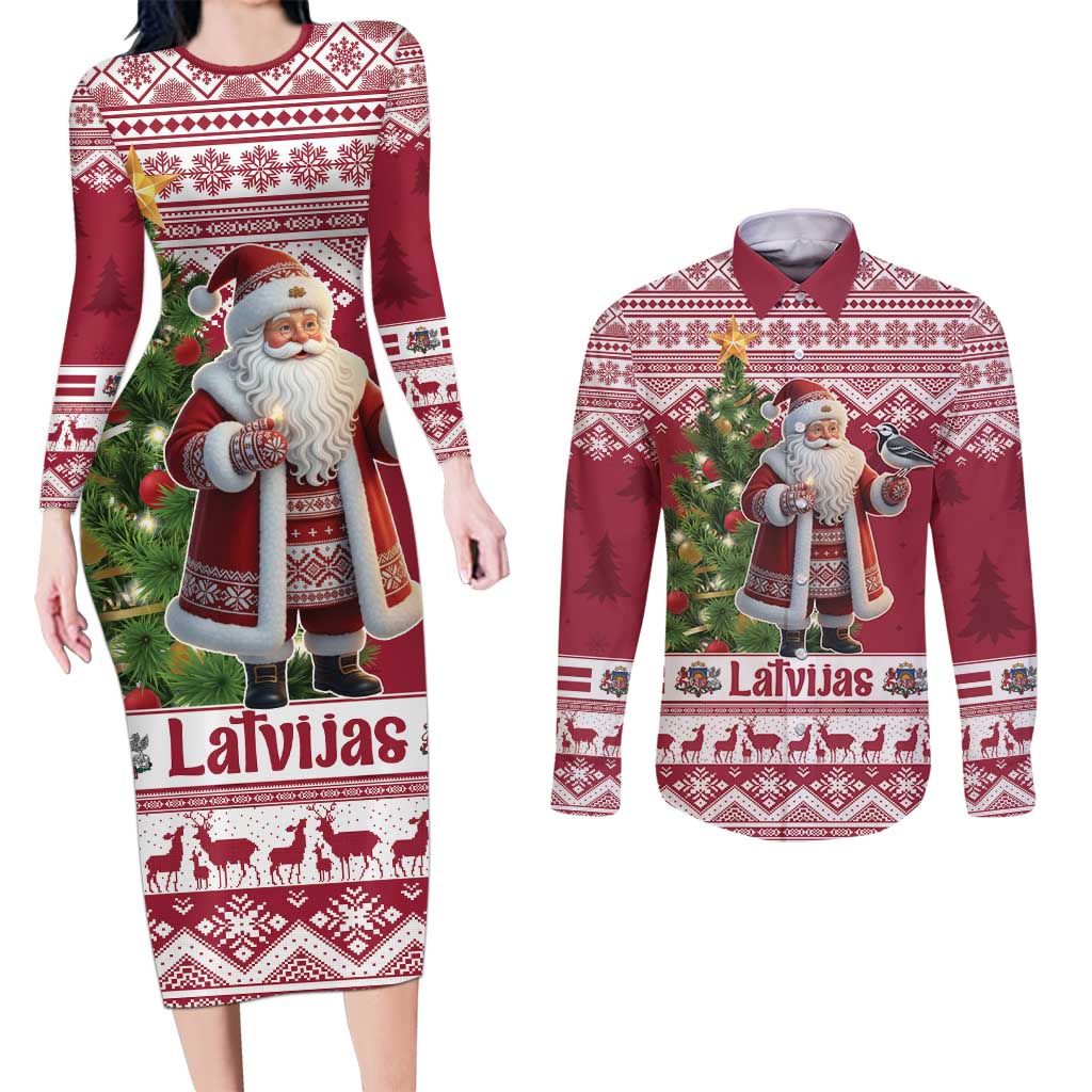Latvia Christmas Couples Matching Long Sleeve Bodycon Dress and Long Sleeve Button Shirt Ziemassvetku Vecitis Christmas Pattern - Wonder Print Shop