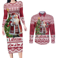 Latvia Christmas Couples Matching Long Sleeve Bodycon Dress and Long Sleeve Button Shirt Ziemassvetku Vecitis Christmas Pattern - Wonder Print Shop