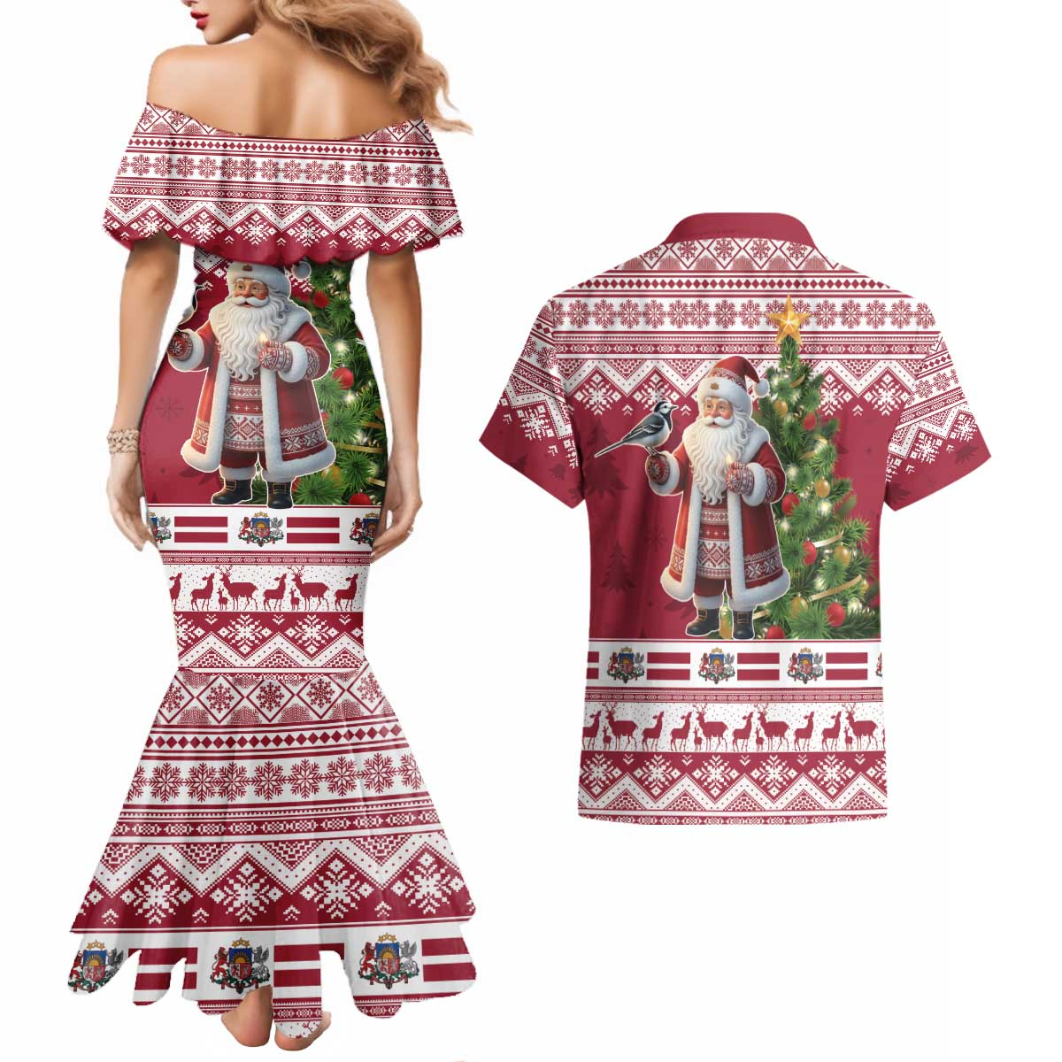 Latvia Christmas Couples Matching Mermaid Dress and Hawaiian Shirt Ziemassvetku Vecitis Christmas Pattern - Wonder Print Shop