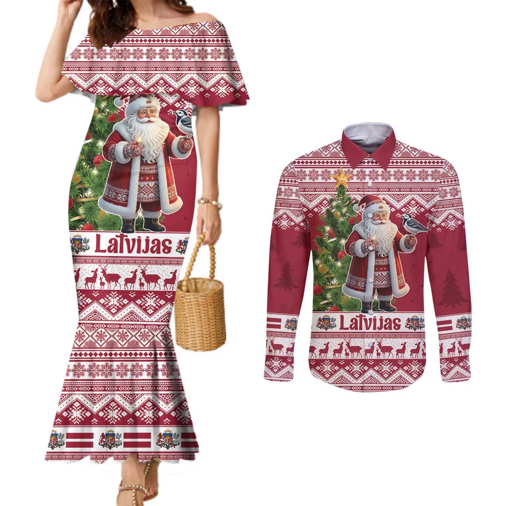 Latvia Christmas Couples Matching Mermaid Dress and Long Sleeve Button Shirt Ziemassvetku Vecitis Christmas Pattern - Wonder Print Shop