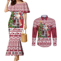 Latvia Christmas Couples Matching Mermaid Dress and Long Sleeve Button Shirt Ziemassvetku Vecitis Christmas Pattern - Wonder Print Shop