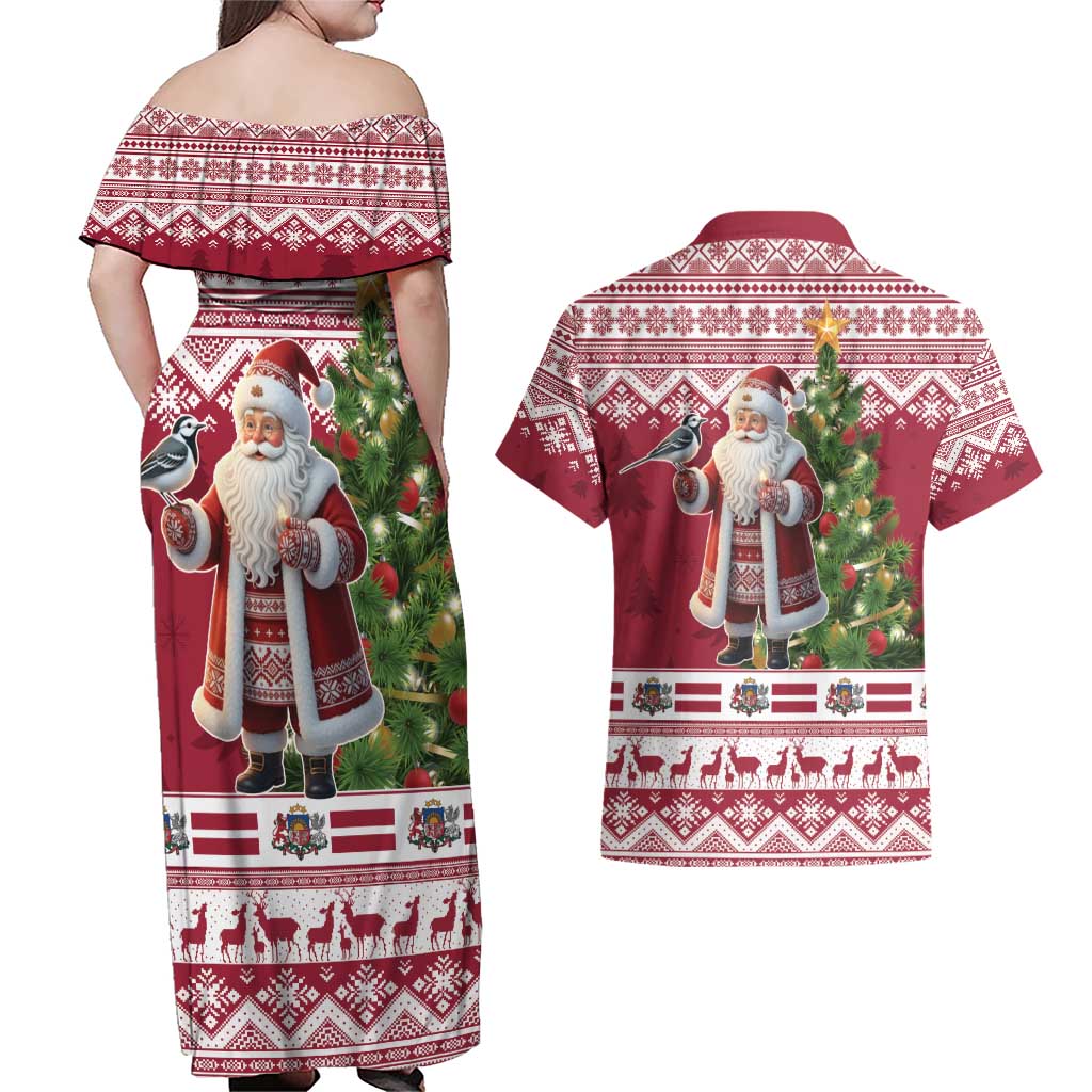 Latvia Christmas Couples Matching Off Shoulder Maxi Dress and Hawaiian Shirt Ziemassvetku Vecitis Christmas Pattern - Wonder Print Shop