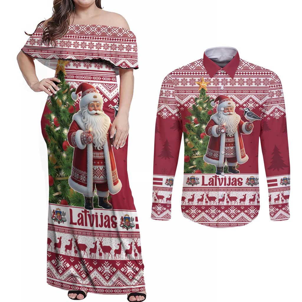 Latvia Christmas Couples Matching Off Shoulder Maxi Dress and Long Sleeve Button Shirt Ziemassvetku Vecitis Christmas Pattern - Wonder Print Shop