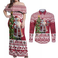 Latvia Christmas Couples Matching Off Shoulder Maxi Dress and Long Sleeve Button Shirt Ziemassvetku Vecitis Christmas Pattern - Wonder Print Shop