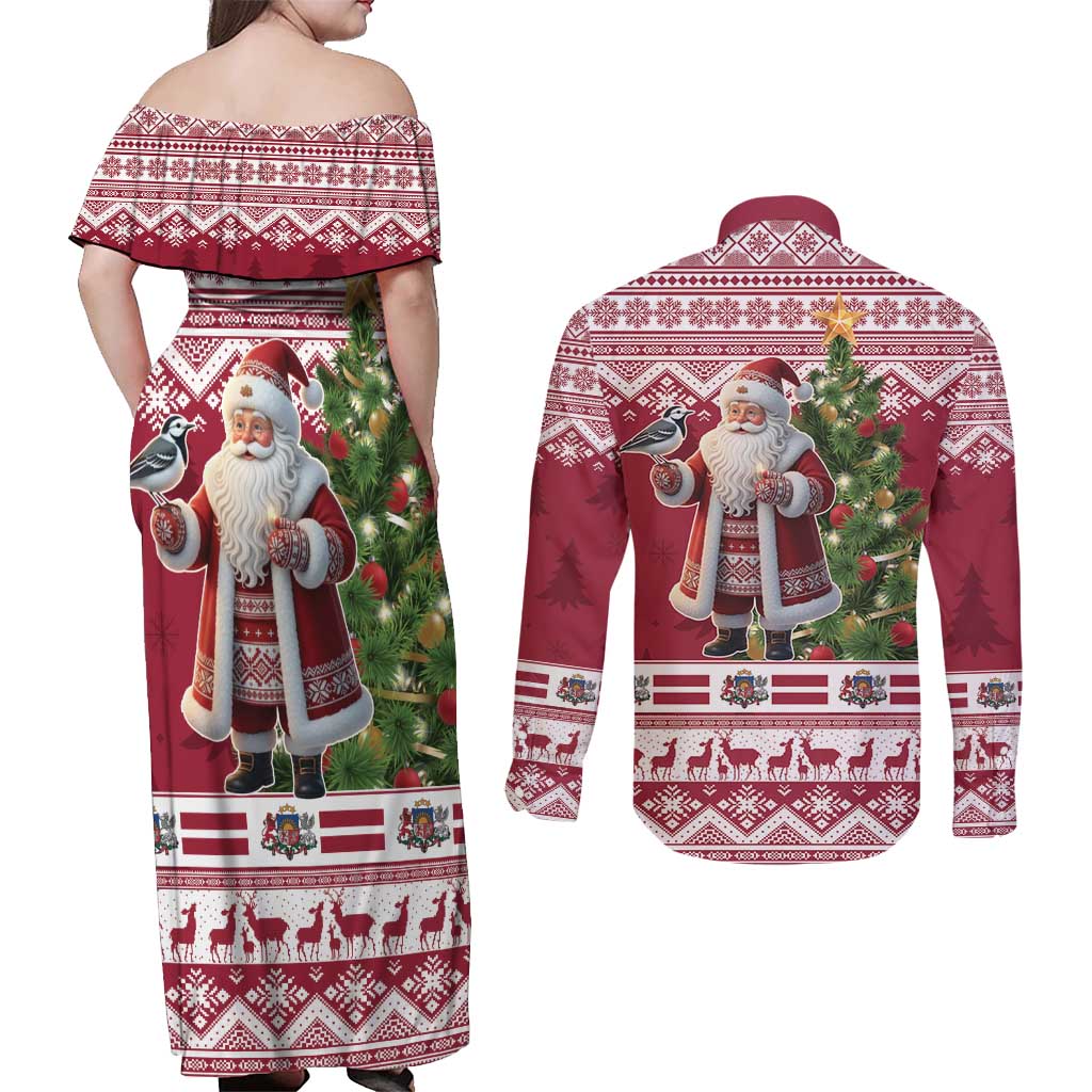 Latvia Christmas Couples Matching Off Shoulder Maxi Dress and Long Sleeve Button Shirt Ziemassvetku Vecitis Christmas Pattern - Wonder Print Shop