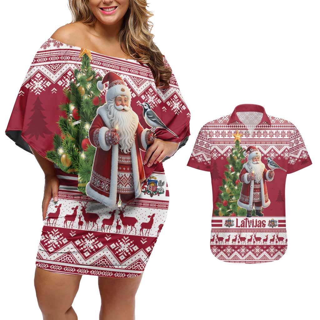 Latvia Christmas Couples Matching Off Shoulder Short Dress and Hawaiian Shirt Ziemassvetku Vecitis Christmas Pattern - Wonder Print Shop