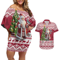 Latvia Christmas Couples Matching Off Shoulder Short Dress and Hawaiian Shirt Ziemassvetku Vecitis Christmas Pattern - Wonder Print Shop