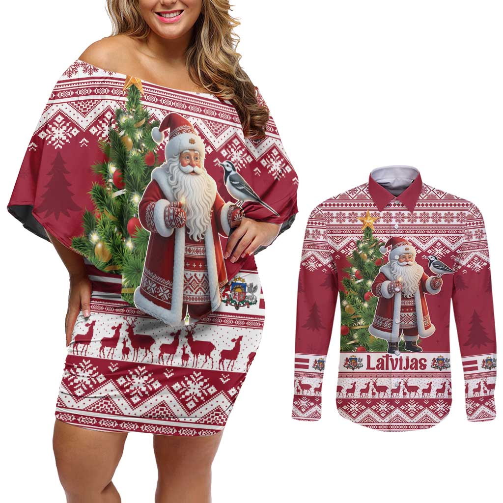 Latvia Christmas Couples Matching Off Shoulder Short Dress and Long Sleeve Button Shirt Ziemassvetku Vecitis Christmas Pattern - Wonder Print Shop