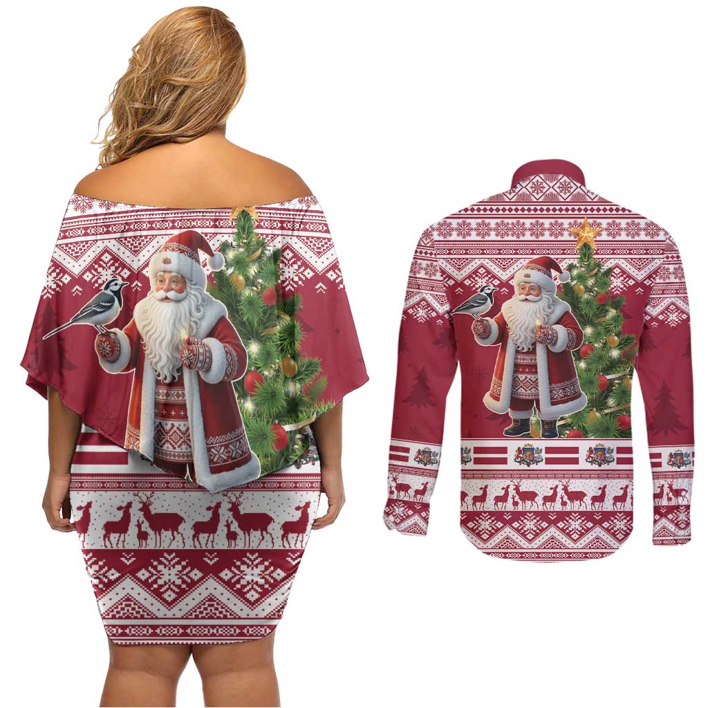 Latvia Christmas Couples Matching Off Shoulder Short Dress and Long Sleeve Button Shirt Ziemassvetku Vecitis Christmas Pattern - Wonder Print Shop