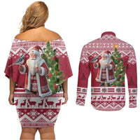 Latvia Christmas Couples Matching Off Shoulder Short Dress and Long Sleeve Button Shirt Ziemassvetku Vecitis Christmas Pattern - Wonder Print Shop
