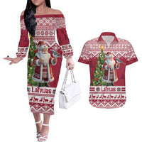 Latvia Christmas Couples Matching Off The Shoulder Long Sleeve Dress and Hawaiian Shirt Ziemassvetku Vecitis Christmas Pattern - Wonder Print Shop